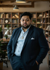 Fototapeta premium portrait of a hefty businessman in full suit, certainty, innovation at work, exposed beams, bookshelves, depth of field