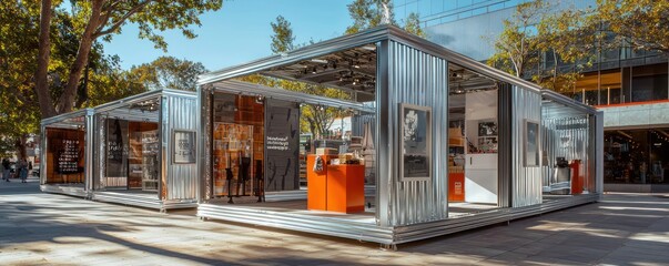 A modular, pop-up shopping area constructed entirely from recycled aluminum siding, designed to be assembled in various configurations depending on the event and location