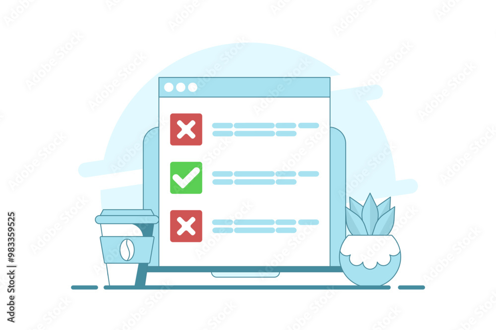 Poster computer concept with checklist. computer with check mark and cross. online testing. checklist and c