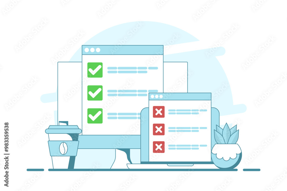 Poster computer concept with checklist. computer with check mark and cross. online testing. checklist and c