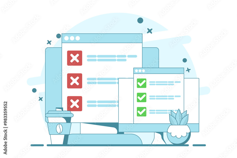Poster computer concept with checklist. computer with check mark and cross. online testing. checklist and c