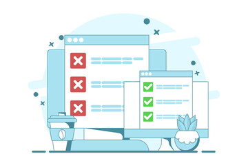 Computer concept with checklist. computer with check mark and cross. Online testing. Checklist and Check Mark on Screen. Check Mark and Options in Browser Window, Flat vector illustration.