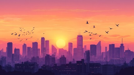 Fototapeta premium Vibrant Sunset Over Urban Skyline with Silhouetted Birds