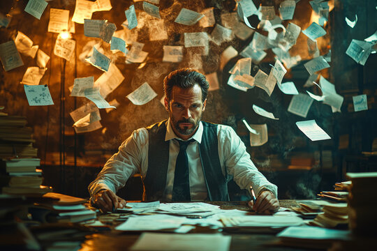 A financial analyst surrounded by graphs and charts that twist and turn like a roller coaster, with the data flying off the page.
