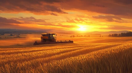 Fototapeta premium Golden Sunset Over Wheat Field with Combine Harvester