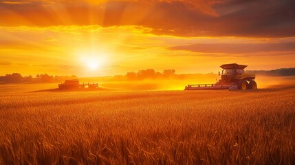 Fototapeta premium Serene Sunset Over Golden Wheat Fields with Harvesting Machinery