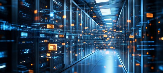 Futuristic Server Room With Data Transfer, Cybersecurity, and Cloud Technology Concept
