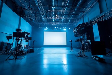 Empty television studio with blank screen and cameras. Broadcasting and video production concept