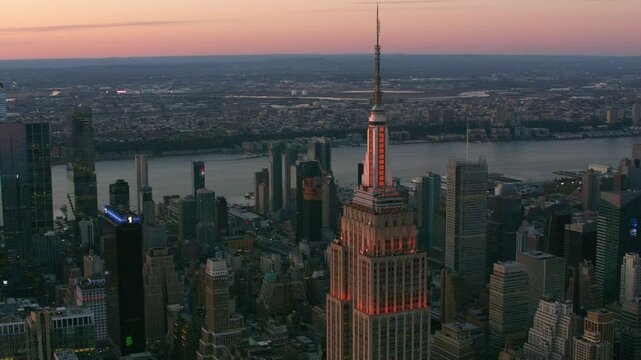 Aerial view of Manhattan New York City at dusk.