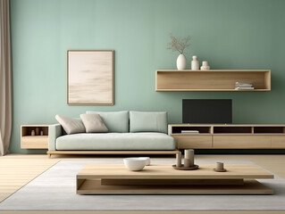 Japandi simple minimalist living room interior with neutral decor against celadon green wall