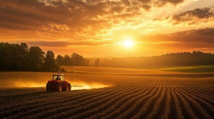 Fototapeta premium Beautiful Sunset Over Agricultural Fields with Tractor