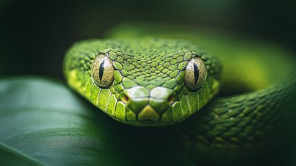 Fototapeta premium Close-up Portrait of a Vibrant Green Snake, Its Striking Eyes Focused, Perched on a Lush Leaf
