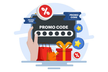 using promo code on online shopping payment, Discount code, Gift voucher, Gift card, Bonus, Promotional campaign. flat vector illustration for web banner, website design, social media.