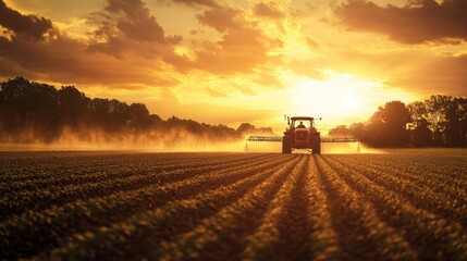 Fototapeta premium Tractor Working in Golden Fields at Sunset
