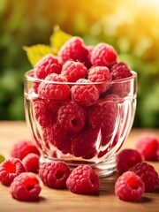 a glass of raspberries with a green leaf on it on table