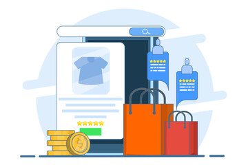 E-commerce website platform concept, Browse shopping from e-commerce website, Digital marketplace, Secure payment, Customer product rating, vector illustration with icons.