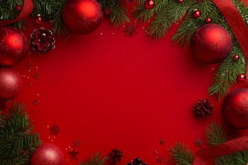 Top view Christmas red background with fir branches, xmas balls, ribbon and sparkles. Merry christmas and Happy New Year card with Space for text