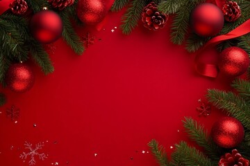 Top view Christmas red background with fir branches, xmas balls, ribbon and sparkles. Merry christmas and Happy New Year card with Space for text