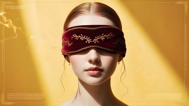 a model wearing a red blindfold with a gold band around her eyes copyspace banner