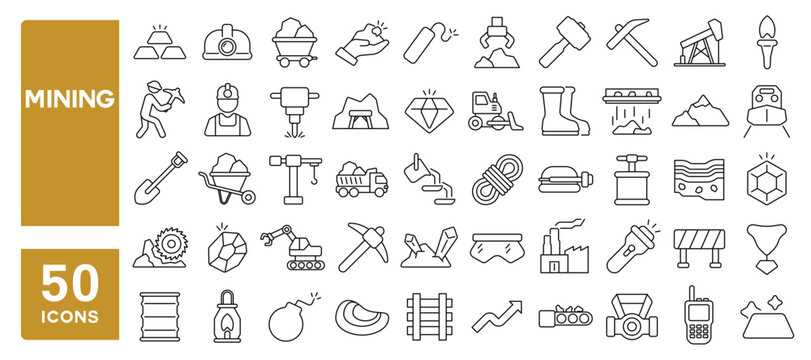 Set of 50 line icons related to mining, miner, minerals, pickaxe, jackhammer, wagon, gold, diamond, coal, oil, train, stone, panning, excavator, axe, shovel, Editable stroke. Vector illustration