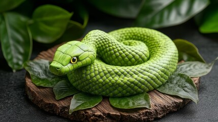 Fototapeta premium Vivid Green Snake, Detailed Close-Up On Bark Amongst Tropical Greenery, Reptile Photography.