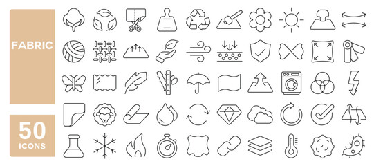 Set of 50 line icons related to fabric, textile, fiber, cotton, wool, windproof, fur, corduroy, material, silk, property, acrylic, Editable stroke. Vector illustration