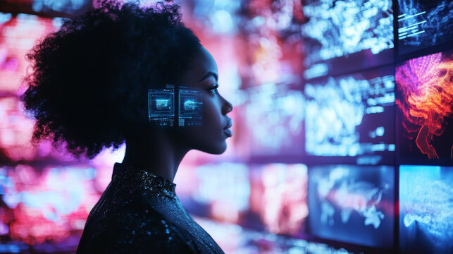 African American  woman gazes at glowing holographic screens filled with digital content, her face illuminated by the futuristic display. The scene captures the essence of modern technology. 
