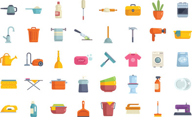 Set of colorful icons representing various cleaning tools and appliances, perfect for illustrating housework routines