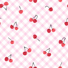 Cute gingham seamless pattern. Vector iilustration. Cherry on pink background. Texture for print, textile, fabric.