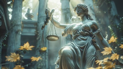 Obraz premium A serene statue of Justice holds balanced scales, surrounded by lush greenery and soft light filtering through ancient ruins.