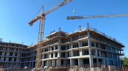 A crane stands in front of a construction site. Above is a clear and blue sky. constructing a multi-story building 