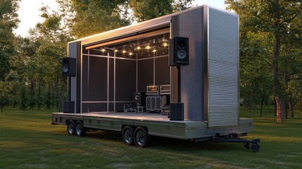 A portable music studio on wheels, clad in soundproof aluminum siding, designed to travel between festivals and events while providing a professional recording environment