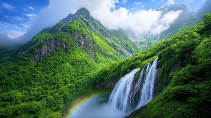 Obraz premium A rainbow is seen in the middle of a waterfall, AI