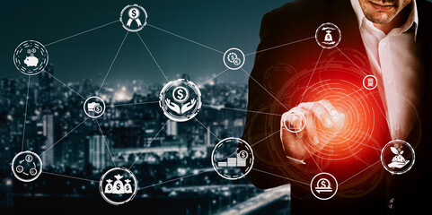 Finance and Money Transaction Technology Concept. Icon Graphic interface showing fintech trade exchange, profit statistics analysis and market analyst service in modern computer application. uds