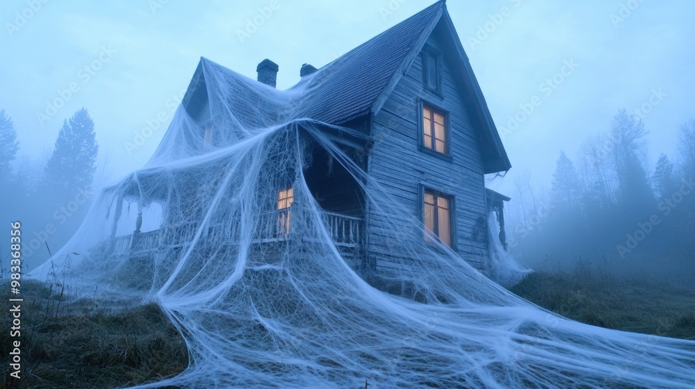 Canvas Prints A house covered in spider webs and a foggy night, AI