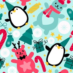 Christmas animals seamless penguin and bears pattern for wrapping paper