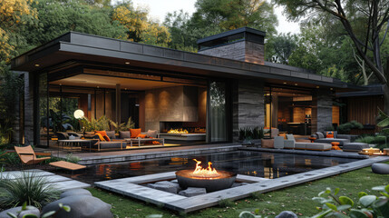 Obraz premium An outdoor-inspired living room with a retractable glass wall, seamlessly blending indoor and outdoor living spaces, and a cozy fire pit for cooler evenings
