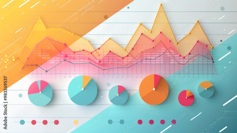 Wall mural A vibrant infographic displaying various data visualizations, including line graphs and pie charts in pastel colors against a geometric background.