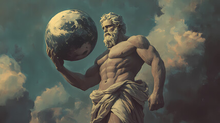 Atlas, the titan, holds the celestial globe, gods, god of the greek mythology and religion. Greek Gods. Illustration