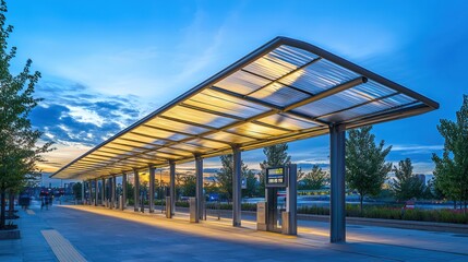 A public transportation hub featuring a roof made from lightweight, reflective aluminum siding, designed to reduce heat absorption and create a cooler environment for commuters