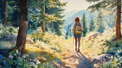 Naklejka premium Adventurous Hiker in Scenic Forest Pathway