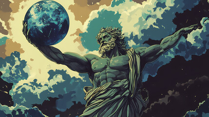 Atlas, the titan, holds the celestial globe, gods, god of the greek mythology and religion. Greek Gods. Illustration