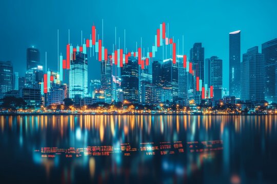 Modern City Skyline With Stock Market Chart Reflections In River At Night, Finance Concept - Powered by Adobe