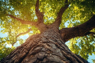 Sunlight through the canopy of a large tree, seen from below with a worm's eye view