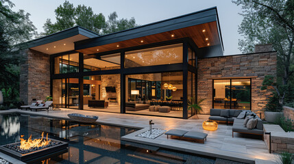 Fototapeta premium An outdoor-inspired living room with a retractable glass wall, seamlessly blending indoor and outdoor living spaces, and a cozy fire pit for cooler evenings
