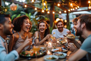 A group of people are laughing and enjoying a meal together generative ai