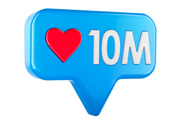 Ten million likes, social media notification with heart icon, 3D rendering isolated on transparent background