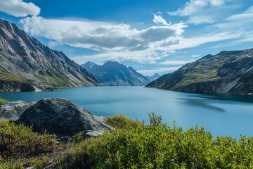 Obraz premium Mountain lake with blue water and white clouds on blue sky. Scenic summer landscape
