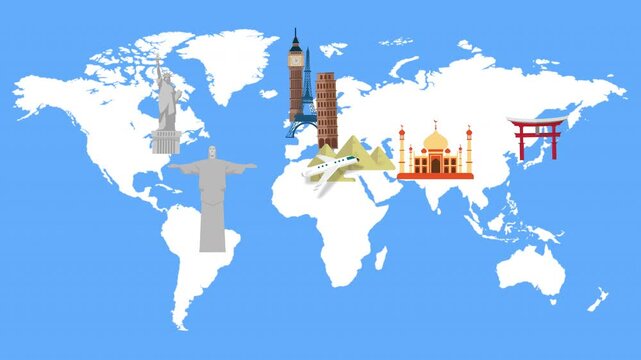 Airplane Flying Over World Landmarks, Global Travel and Iconic Monument
