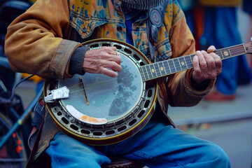 A street musician playing the banjo with enthusiasm.